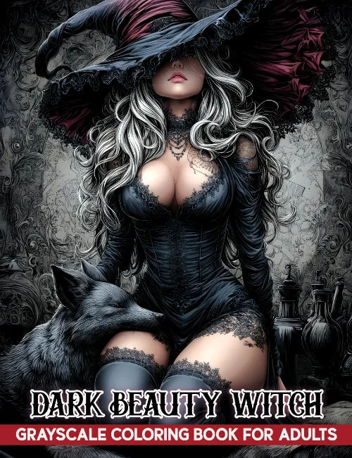 Dark Beauty Witch grayscale coloring book for adults: witch in a wide hat with her wolf