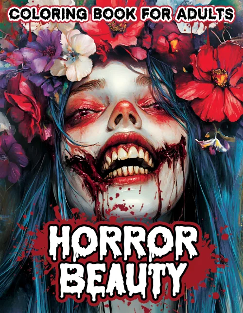 Horror Beauty coloring book for adults: flower-crowned face with a bloody smile
